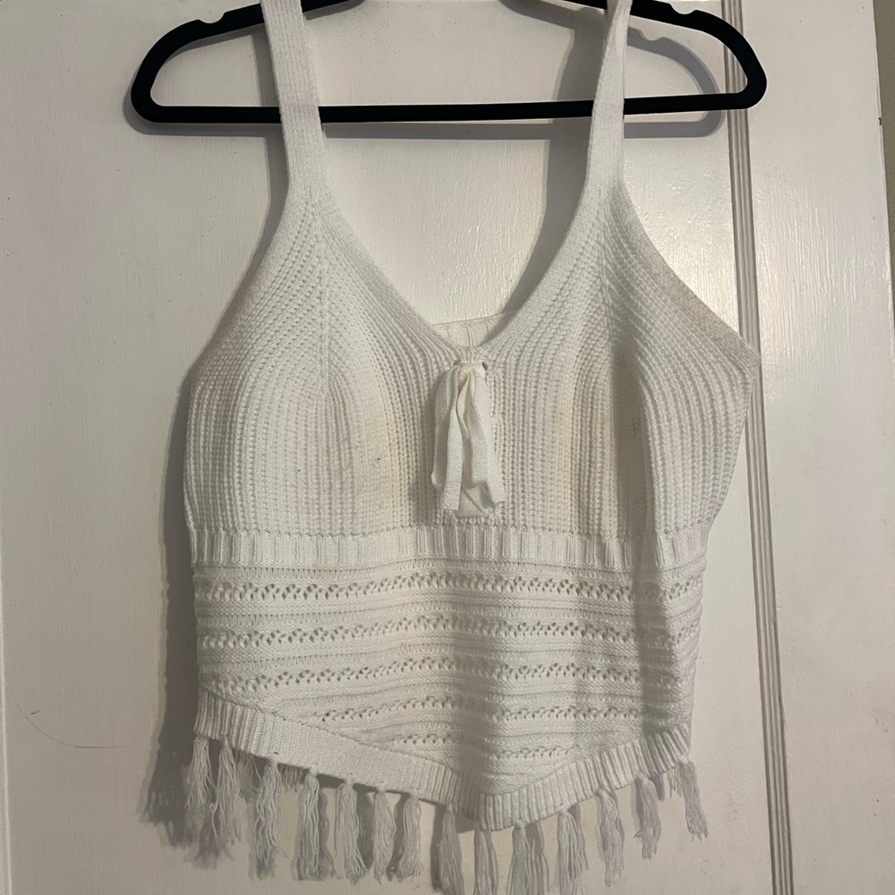 No Boundaries White Knit Fringe Tank Top